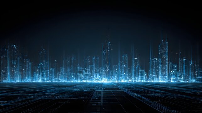 Digital cityscape emerges from dark background utilizing glowing blue wireframe structures