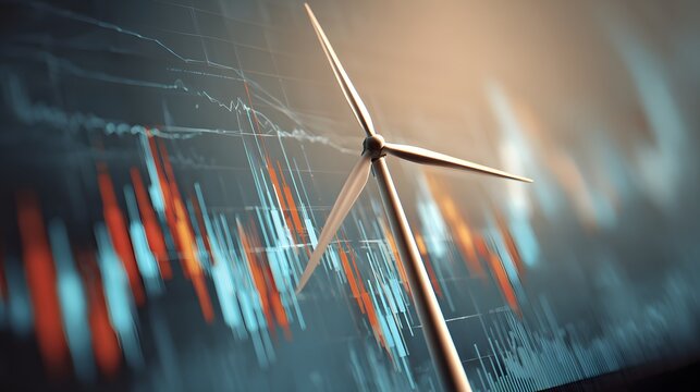 Wind power generation metrics display overlaid with financial market data presentation