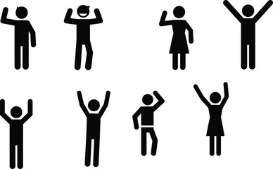 Happy people silhouettes, joyful celebration icons, success concept, excited poses, cheerful group, motivation illustration, freedom, positivity, teamwork, happiness design.