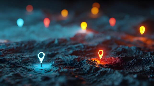 Luminous location markers illuminate a rugged, dark terrain surface - Powered by Adobe