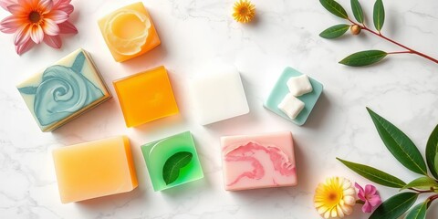 Luxurious spa soap bars arranged on white marble,  aromatic,  skincare