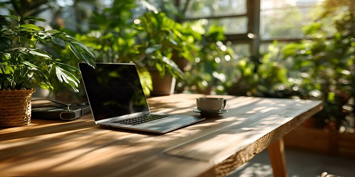 Laptop and coffee sit on a wooden desk surrounded by green plants in a sunlit room, creating a peaceful and inspi workspace environment.