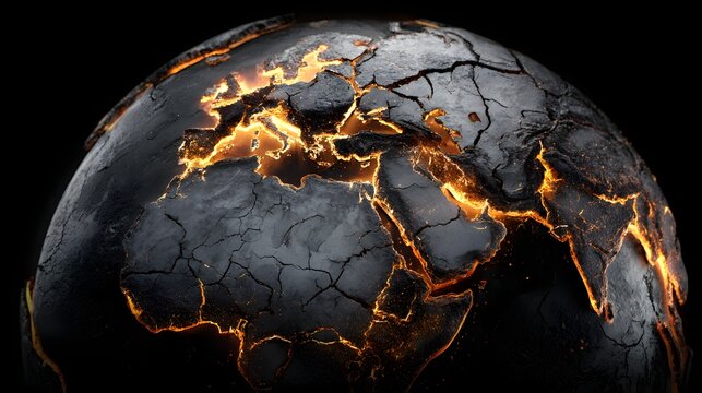 Fragmented planetary sphere glows with internal molten heat against a deep black background - Powered by Adobe