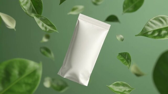 White package of supplement or medicine with green leaves with refreshing natural concept