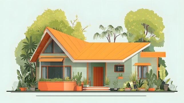Idyllic, brightly colored dwelling nestled within lush, abundant greenery