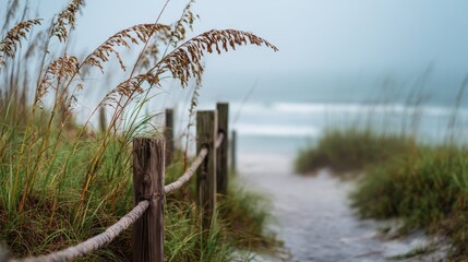 Obraz premium Coastal pathway lined with weathered wooden posts and climbing grasses leading to a misty beach with ocean waves in the background