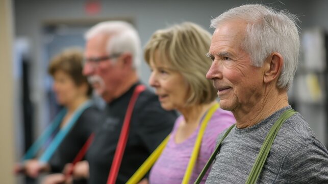 Senior adults standing in line together at a community event, smiling and engaging with each other, representing social interaction and aging gracefully