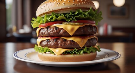 Juicy Double Cheeseburger with Lettuce Tomato and Cheddar in Sesame Bun on Plate