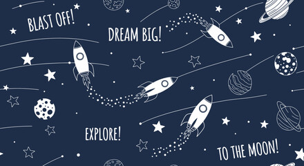 A captivating cosmic adventure seamless pattern featuring rockets planets stars and motivational