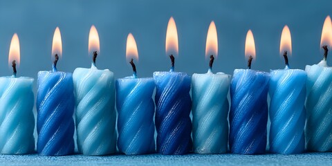 A row of blue twisted candles burns brightly against a matching blue background for a festive or spiritual occasion or decoration.