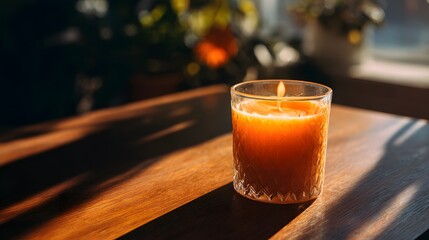 Burning orange scented candle rests upon a wooden surface illuminated by natural light
