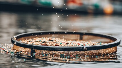 Colorful beads in a metal tray on water, water droplets splash