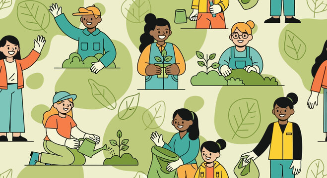 Diverse community gardening and planting, a seamless background pattern illustration for