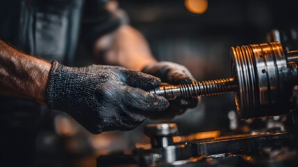 Skilled worker manipulates threaded metal component during machinery operation