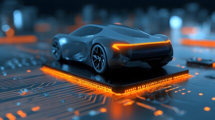 Futuristic concept vehicle rests atop a glowing electronic circuit board