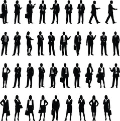 Silhouettes of business people in formal suits standing, walking, talking, and presenting representing teamwork, leadership, and professional communication concept