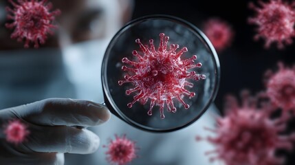 Medical professional examines microscopic pathogens using a magnifying glass