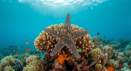 Starfish on Vibrant Coral Reef Underwater Scene with Sunlight Filtering Through Water