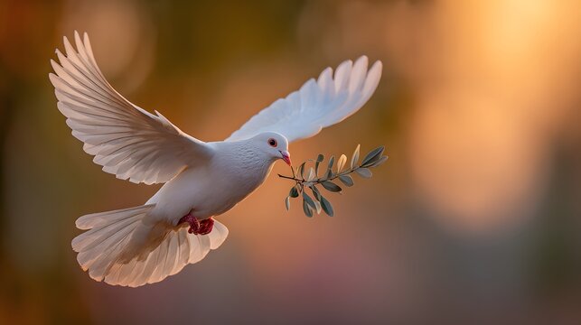 Pure white bird in flight carries an olive branch against a soft, glowing background