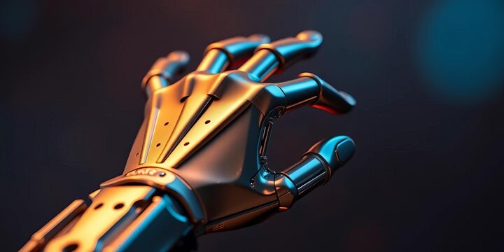 A metallic android hand gently rests on a human hand, artificial intelligence, interaction