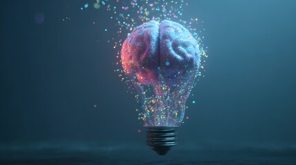 Illuminated human cerebrum forms within a glass illumination device emitting colorful particles