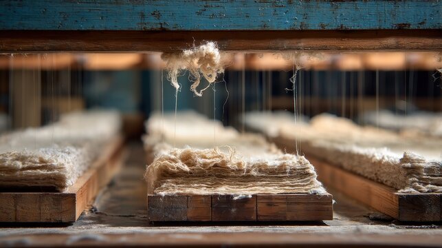 Close-up of fibers hanging from a rustic wooden loom with spools of raw fiber ready for weaving in a traditional textile workshop