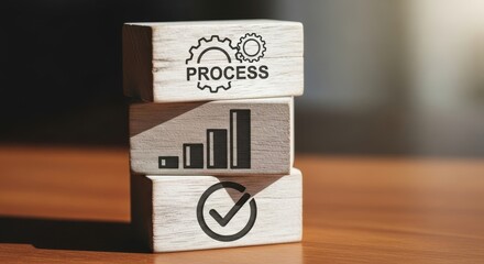 Business Process Improvement: Stacked Wooden Blocks with Icons for Gear, Bar Chart, and Checkmark Representing Workflow, Progress, and Completion