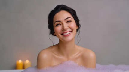 Joyful woman relaxing in a bubble bath with candles glowing, enjoying a moment of self-care and tranquility in a serene spa-like environment