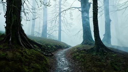 Misty path through ancient trees in a dense, serene forest fog - Powered by Adobe