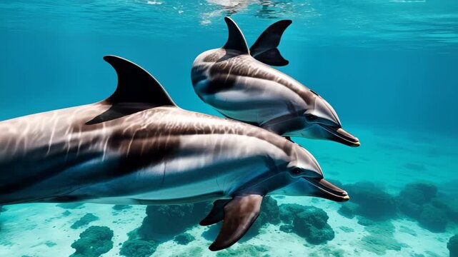 Dolphins Swimming in Pristine Blue Ocean Water: A Slow Motion Underwater Wildlife Adventure