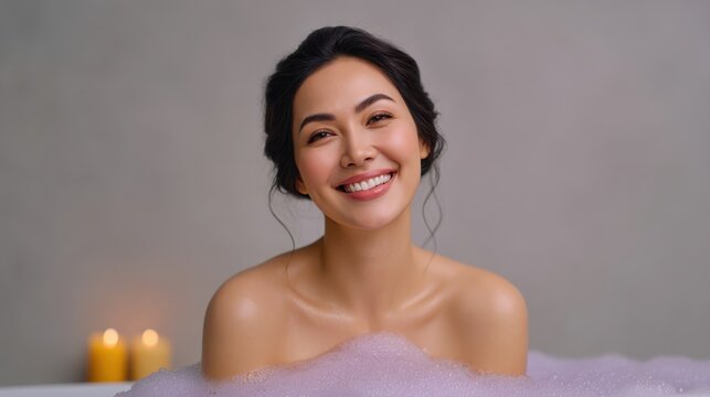 Joyful woman relaxing in a bubble bath with candles glowing, enjoying a moment of self-care and tranquility in a serene spa-like environment