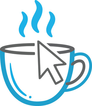 Stylized coffee cup with steam and a cursor icon, on a transparent background