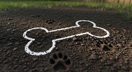 Dog Bone Outline Drawn in Chalk on Soil with Puppy Paw Prints in Garden Path
