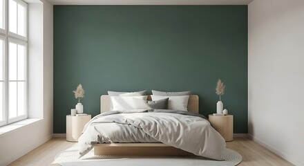 Modern minimalist bedroom interior with a dark green accent wall, natural light, and wooden furniture. High-quality 3D render of a tranquil sleeping space
