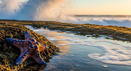 Starfish on sandy beach with ocean waves during sunset
