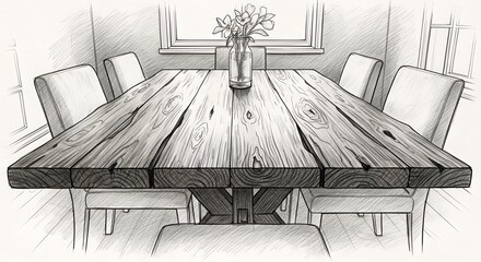 Wooden Dining Table with Six Chairs and Vase of Flowers in Bright Kitchen