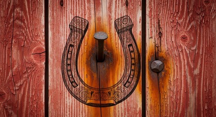 Rustic Wooden Surface with Horseshoe and Nail Decorative Element in Warm Tones