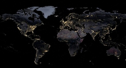 Night Map of World with Illuminated Continents and Dark Background