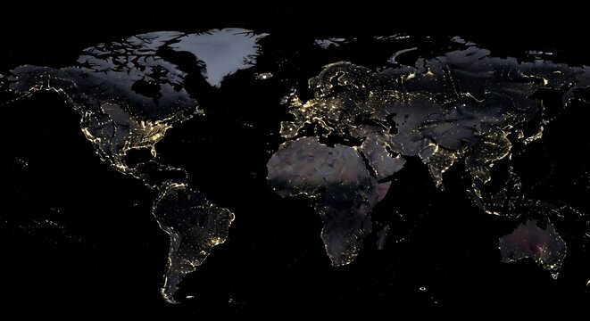 Night Map of World with Illuminated Continents and Dark Background