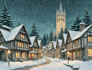 Fototapeta premium Snowy Winter Village at Night with Warm Lights and Falling Snow