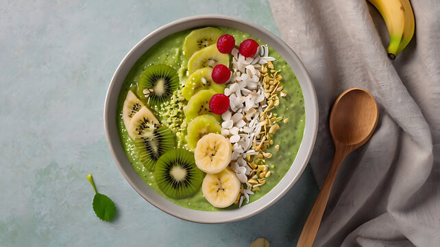  Green Smoothie Bowl with Fresh Kiwi and Banana Toppings