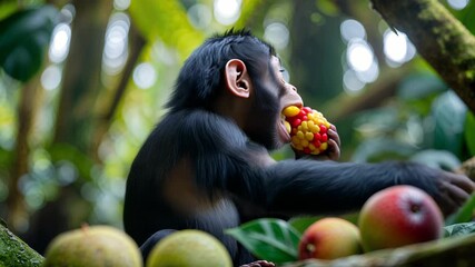 Adorable Baby Ape Eating Fruits in a Tropical Rainforest: A Heartwarming Wildlife Scene
