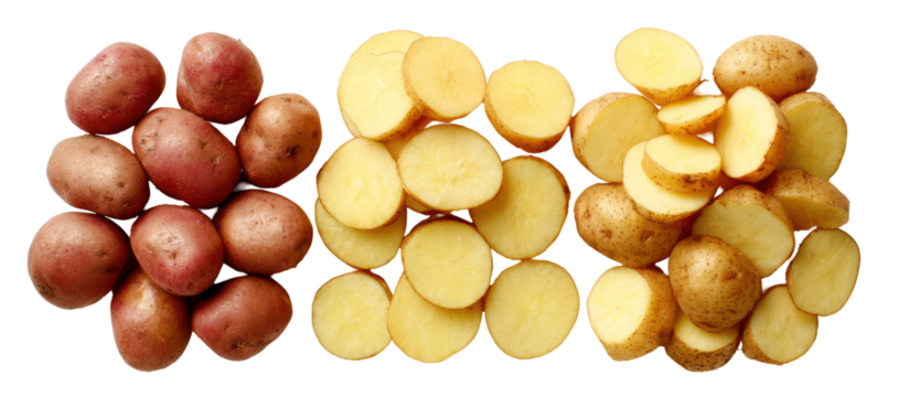 Three rows of red and yellow potatoes whole and sliced isolated on transparent background