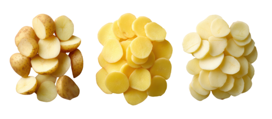 Three abstract sculptures made from potato slices isolated on transparent background