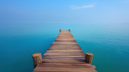 Tranquil wooden pier extending into calm blue waters under a clear sky, ideal for relaxation, meditation, or nature-themed projects and designs