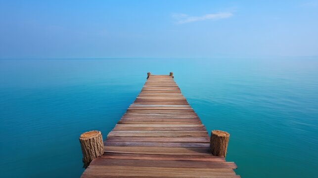 Tranquil wooden pier extending into calm blue waters under a clear sky, ideal for relaxation, meditation, or nature-themed projects and designs