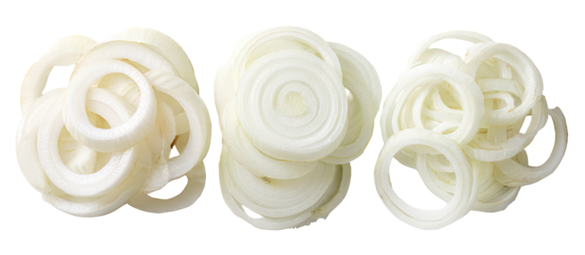 Down view of three piles of onions whole half quarter eight on transparent background