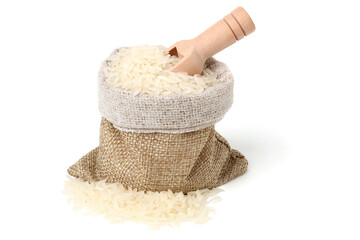 Rice in a jute sack with a wooden spoon to scoop it up. isolated on white background.