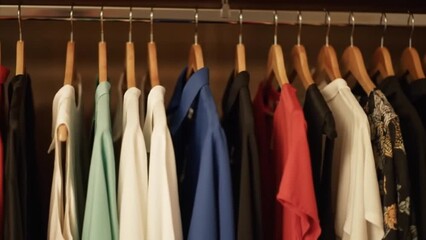 A closet view showing clothes hanging on wooden hangers in an organized and colorful arrangement