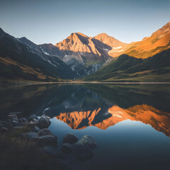 AI Cinematic Mountain Lake Reflection At Sunrise Technology Background